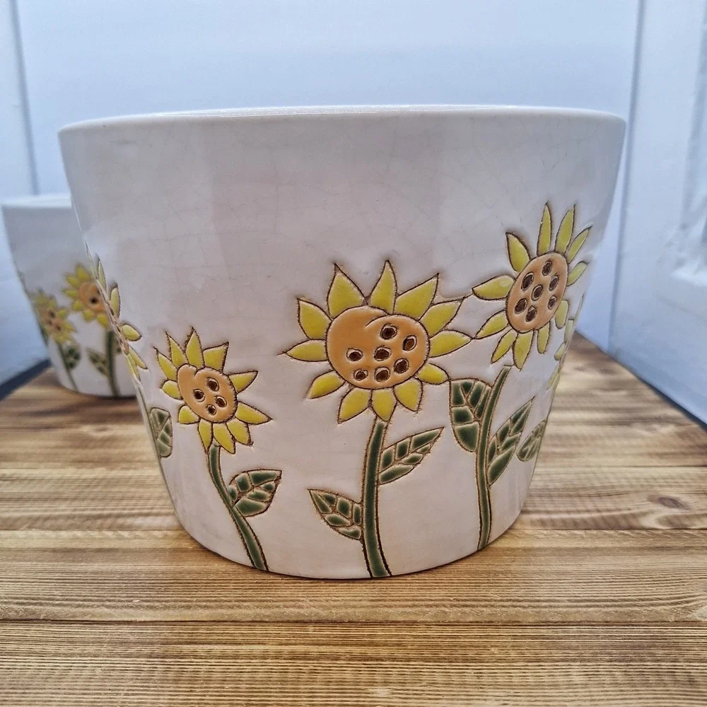Sunflower Carved Pot Planter Artisan Pottery Art Whimsical set X2 LG 8